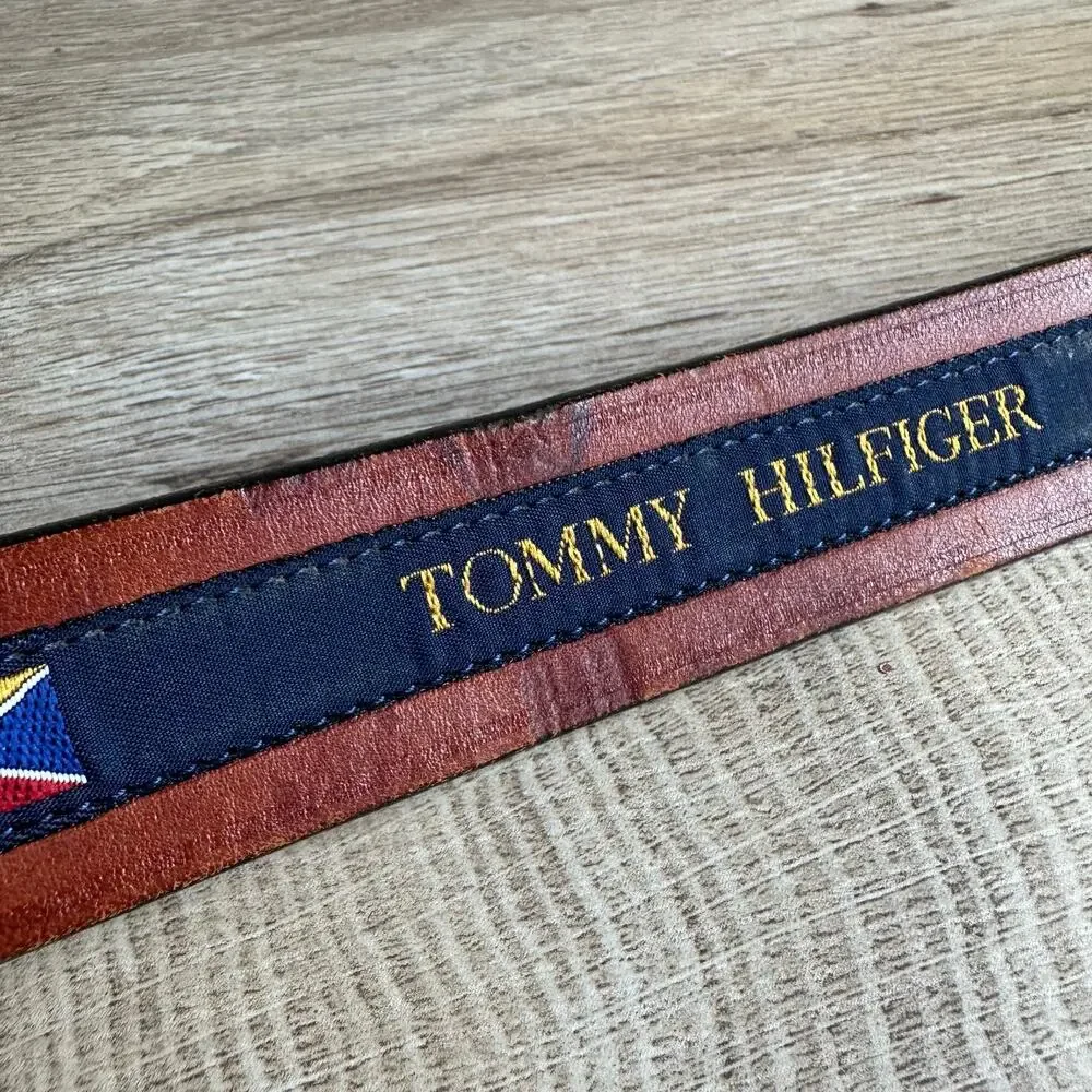 Tommy Hilfiger Vintage Spellout Logo Flags Brown Leather Branded Belt 34